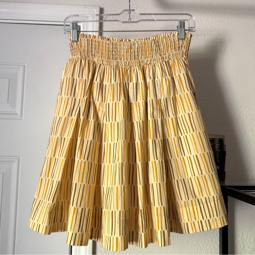 BURU yellow printed tribal geo pleated smocked waist mini skirt